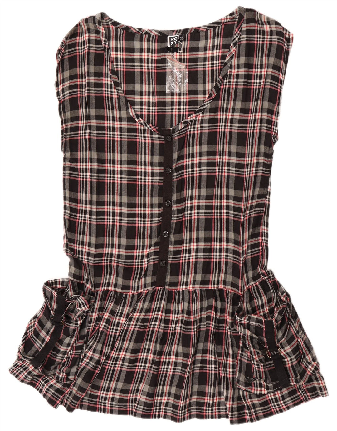 Abito tunica senza maniche da donna Roxy UK 12 cotone medio nero a quadri