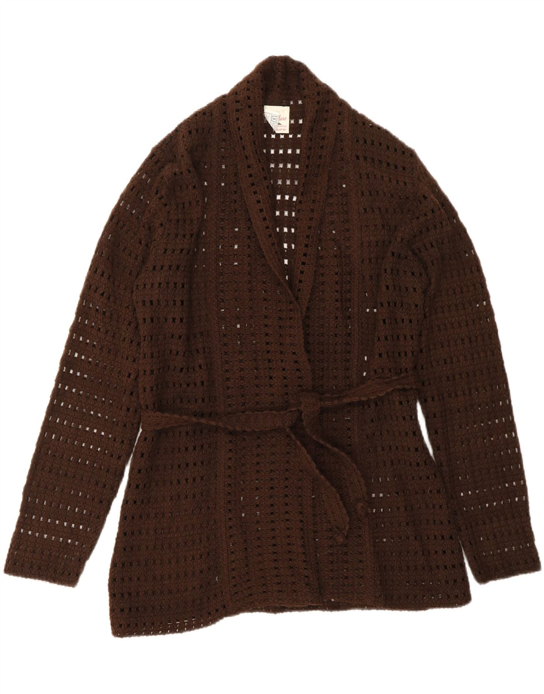 Maglione cardigan all'uncinetto da donna VINTAGE UK 14 grande acrilico marrone