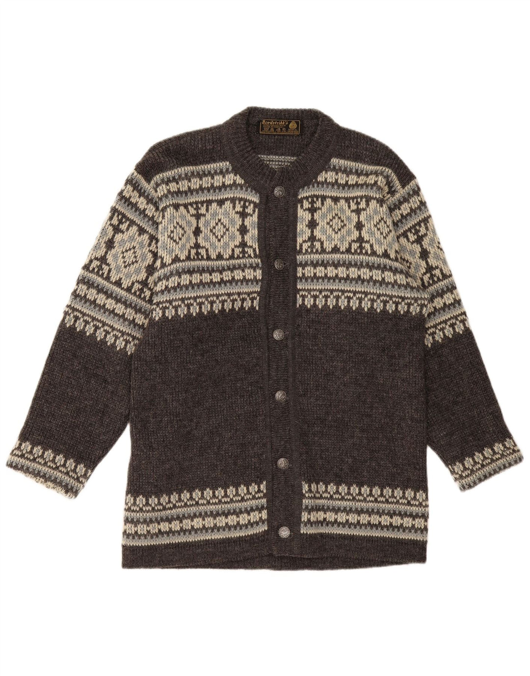 NORDSTRIKK Maglione cardigan da uomo piccolo grigio Fair Isle in lana vergine