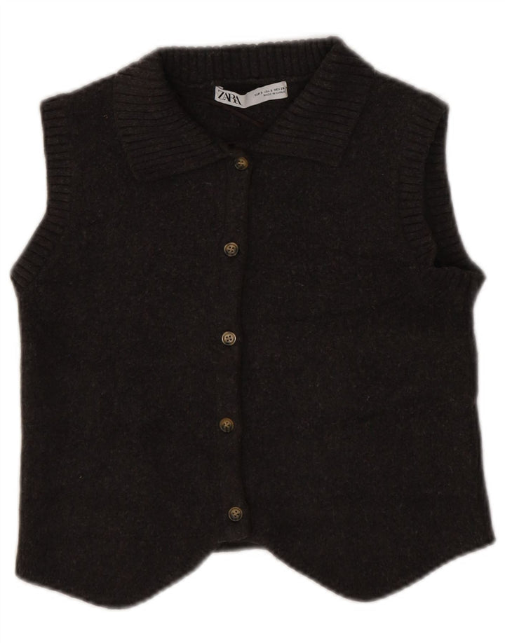 Maglione cardigan senza maniche corto da donna Zara UK 10 piccolo poliestere marrone