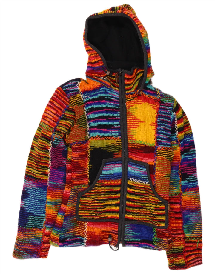 Maglione cardigan con cappuccio da donna VINTAGE UK 12 a righe multicolori medie