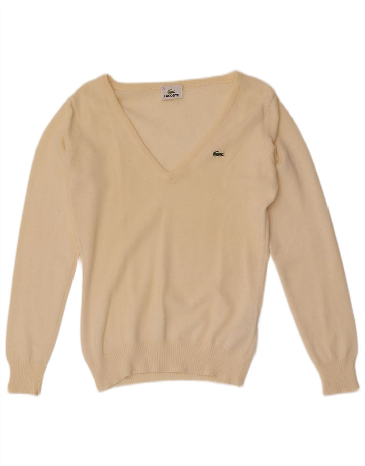 Maglione da donna con scollo a V Lacoste taglia 38 medio in lana bianco sporco