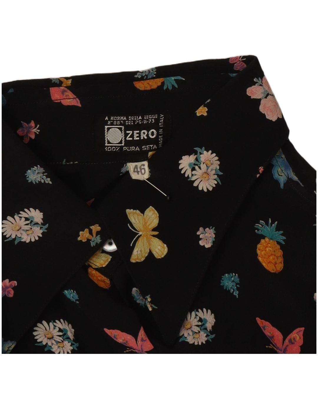 Zero Womens Graphic Shirt Blouse IT 46 Large Black Floral Silk Butterfly