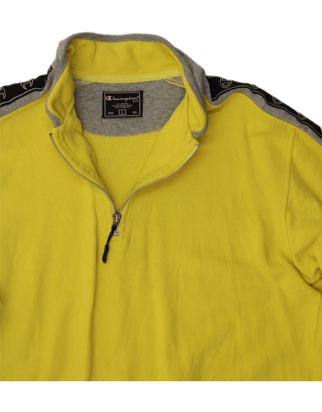 CHAMPION Mens Graphic Zip Neck Sweatshirt Jumper Large Yellow Colourblock Vintage Champion and Second-Hand Champion from Messina Hembry 