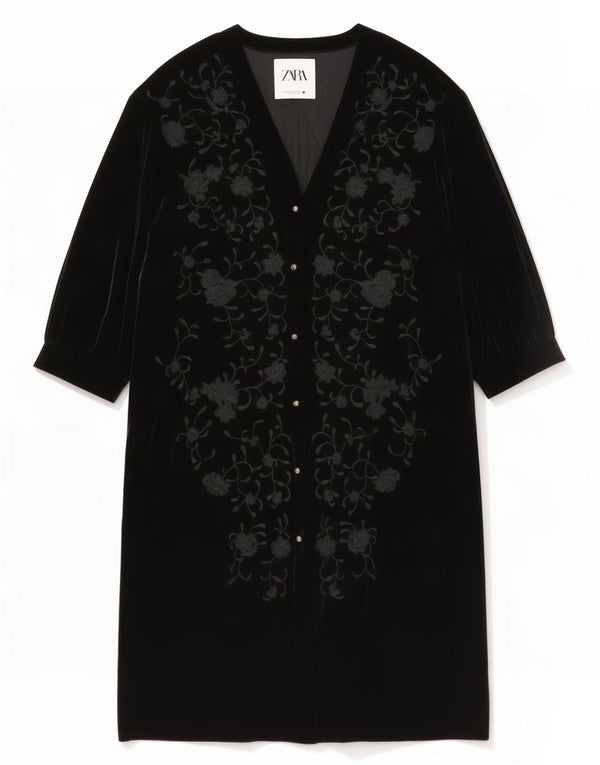 Maxi vestito oversize in velluto a maniche lunghe da donna Zara UK 6 XS nero floreale