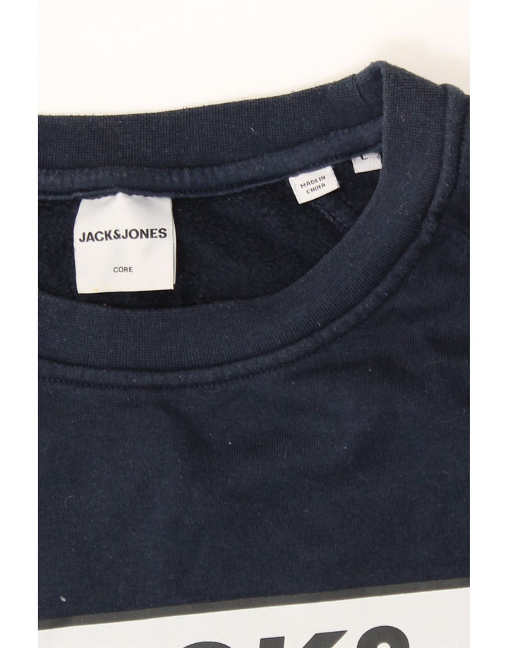 JACK & JONES Mens Graphic Sweatshirt Jumper Large Navy Blue Polyester Vintage Jack & Jones and Second-Hand Jack & Jones from Messina Hembry 