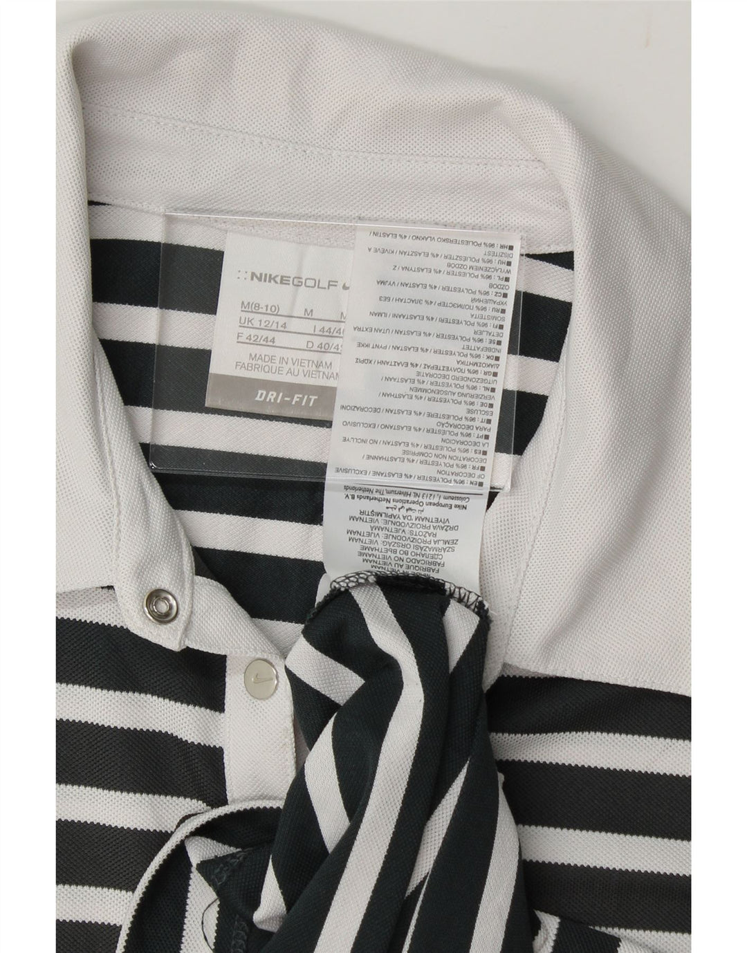 NIKE Womens Dri Fit Polo Shirt UK 12/14 Medium Black Striped Polyester Vintage Nike and Second-Hand Nike from Messina Hembry 
