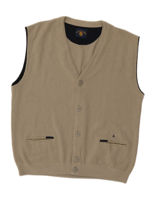 NAVIGARE Mens Sleeveless Cardigan Sweater Large Grey Merino Wool