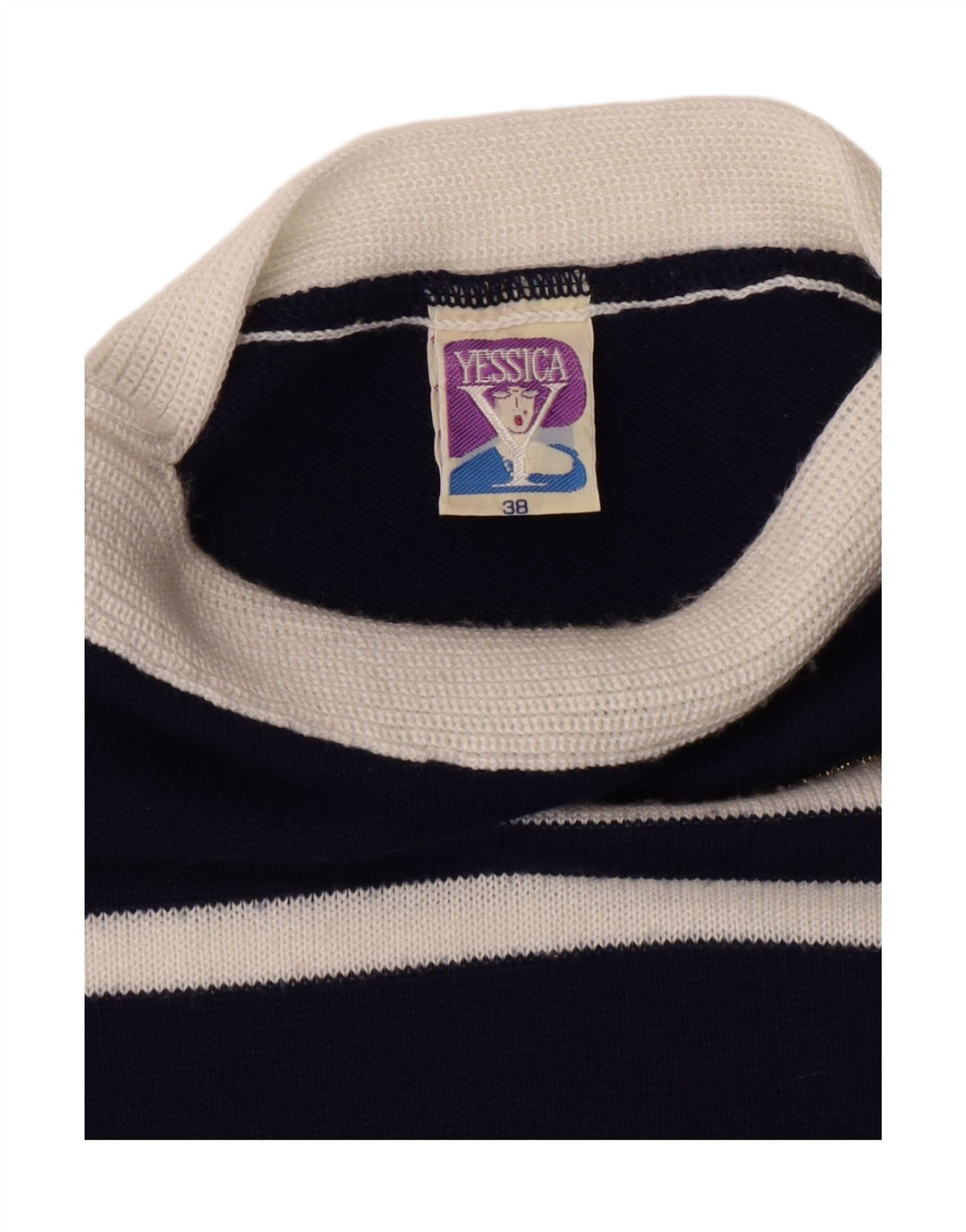 YESSICA Womens Boat Neck Jumper Sweater EU 38 Medium Navy Blue Striped Vintage Yessica and Second-Hand Yessica from Messina Hembry 