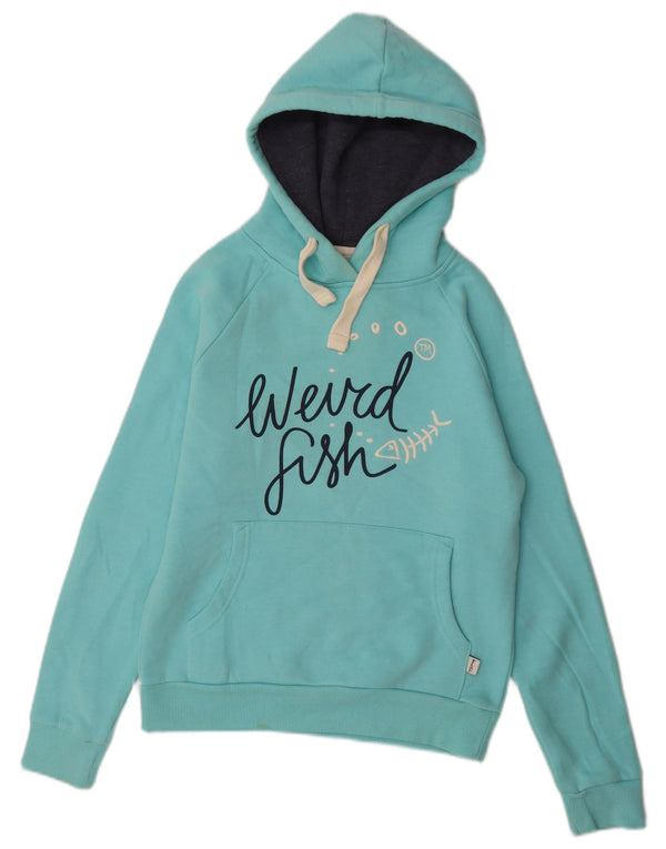 WEIRD FISH Maglione con cappuccio grafico da donna UK 10 Piccolo cotone turchese