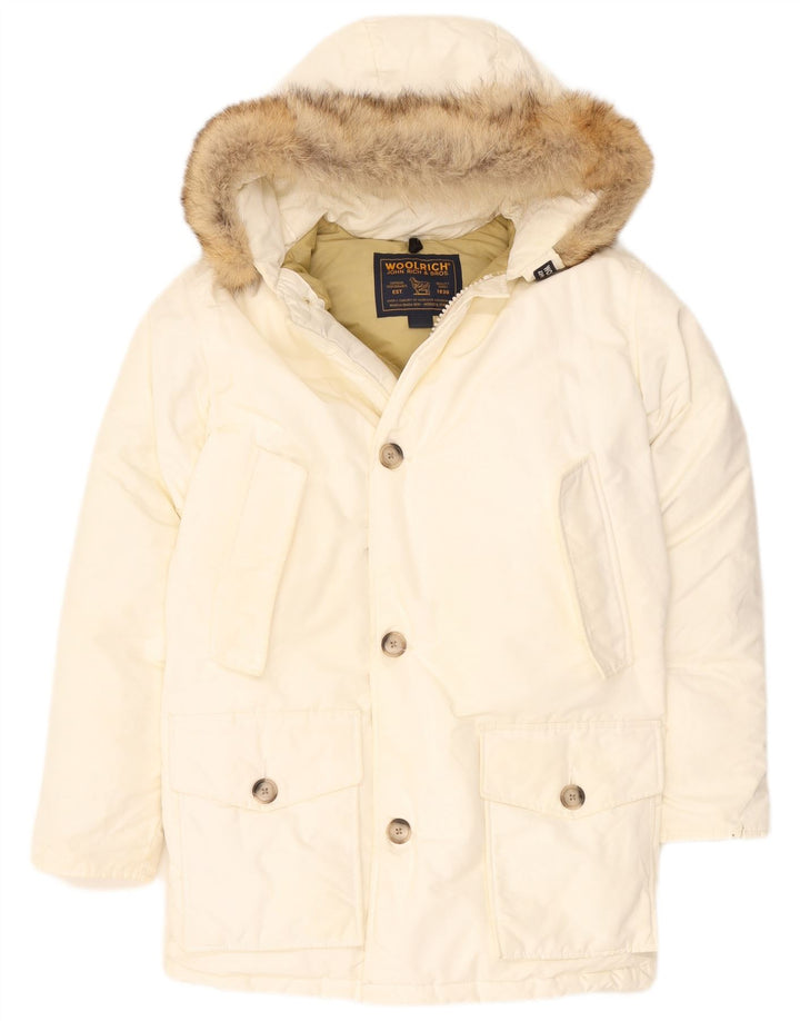 Giacca imbottita con cappuccio da uomo Woolrich UK 36 piccola in nylon bianco