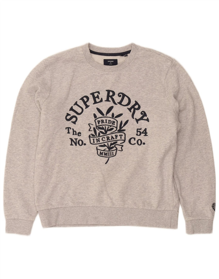 Felpa oversize con grafica da donna Superdry, maglione UK 10 Small, cotone grigio