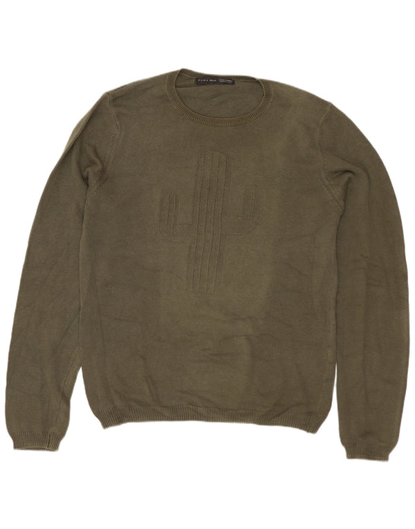 Maglione girocollo con grafica ZARA da uomo in cotone kaki medio