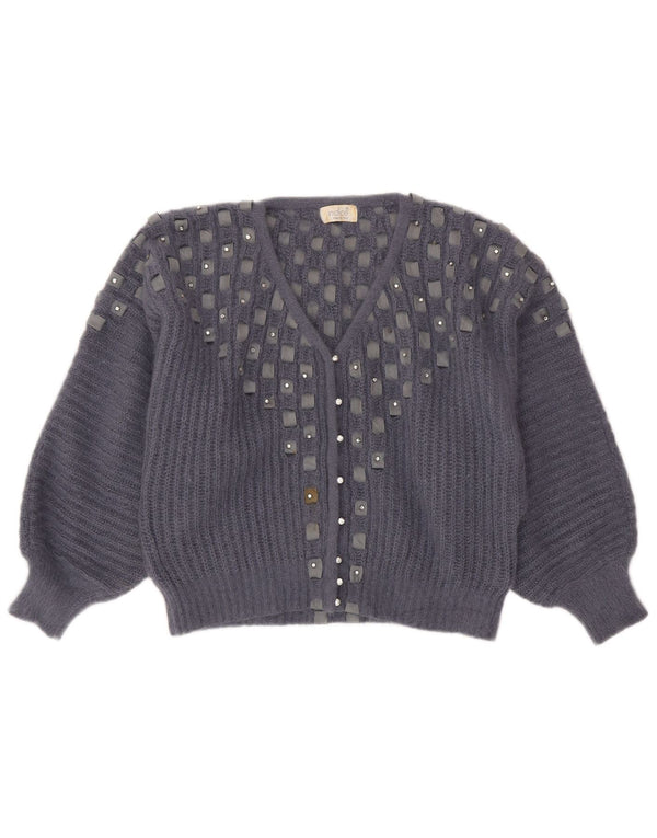 Maglione cardigan corto da donna vintage UK 16 Angora geometrica grigia grande