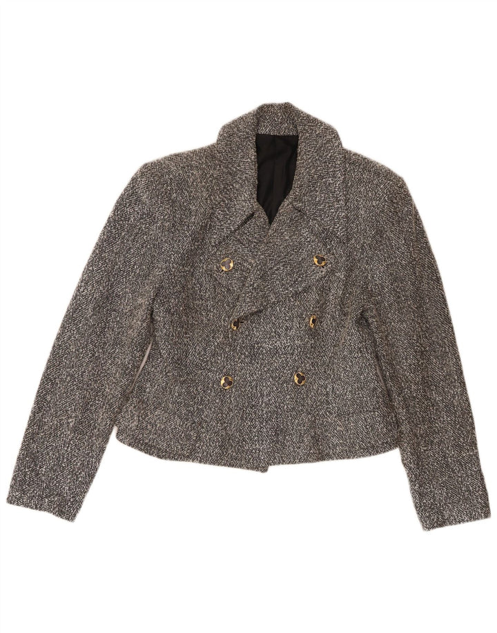 Giacca blazer doppiopetto vintage da donna corta UK 8 piccola grigia chiazzata