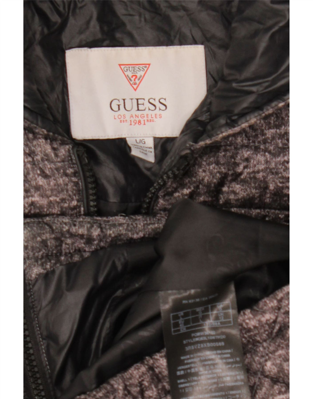 GUESS Womens Hooded Padded Jacket UK 14 Large Grey Colourblock Acrylic Vintage Guess and Second-Hand Guess from Messina Hembry 