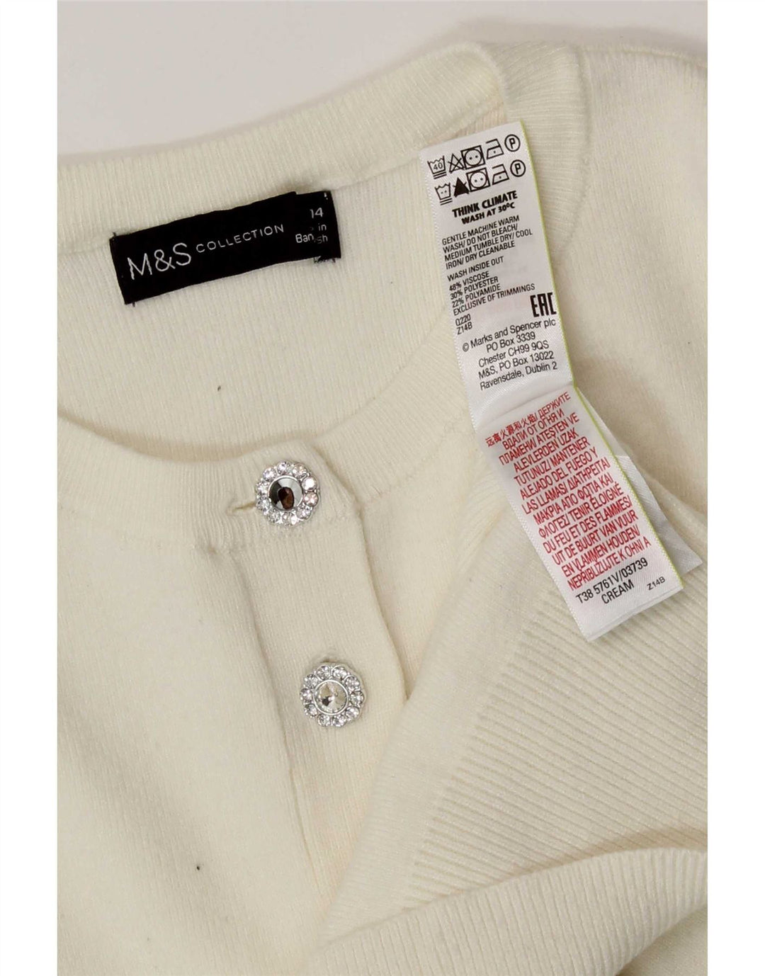 Maglione cardigan corto da donna Marks & Spencer UK 14 Viscosa bianco sporco medio