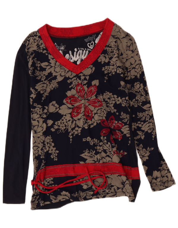 Desigual Womens Top Long Sleeve UK 14 Large Navy Blue Floral