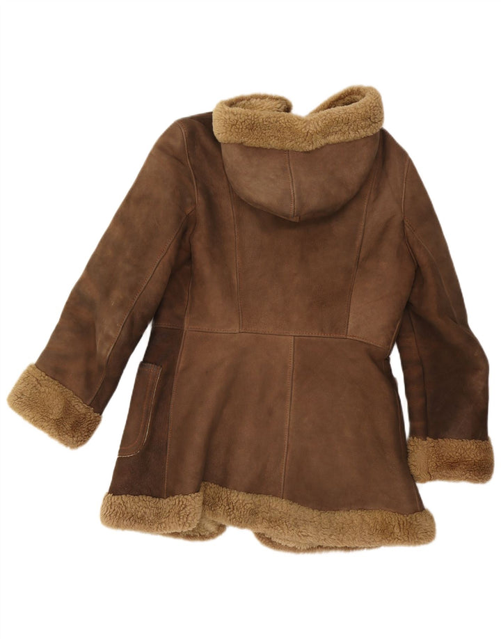 Giubbotto in shearling con cappuccio da donna vintage UK 10 piccolo in pelle marrone