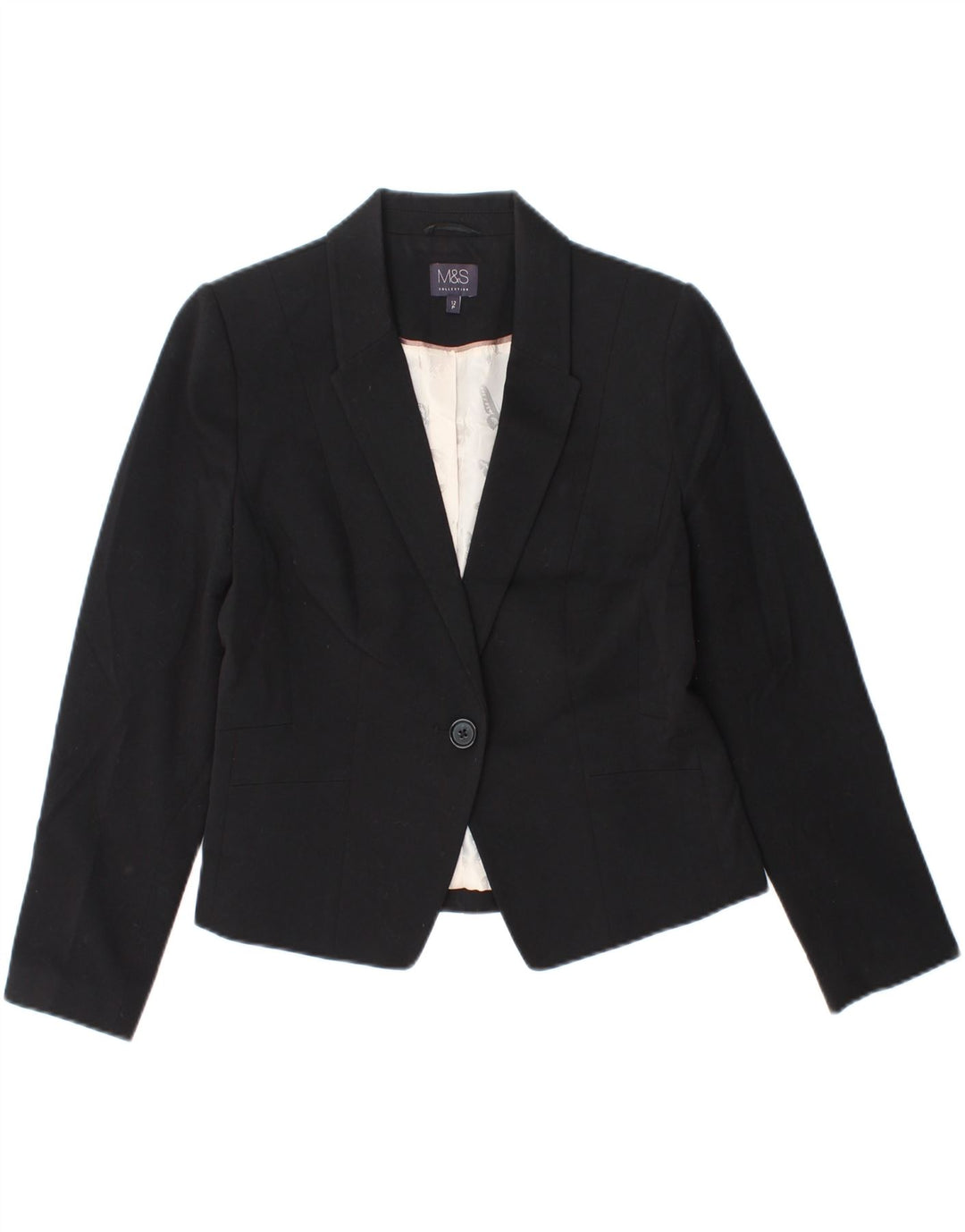 MARKS & SPENCER Womens 1 Button Blazer Jacket UK 12 Medium Black Polyester Vintage Marks & Spencer and Second-Hand Marks & Spencer from Messina Hembry 