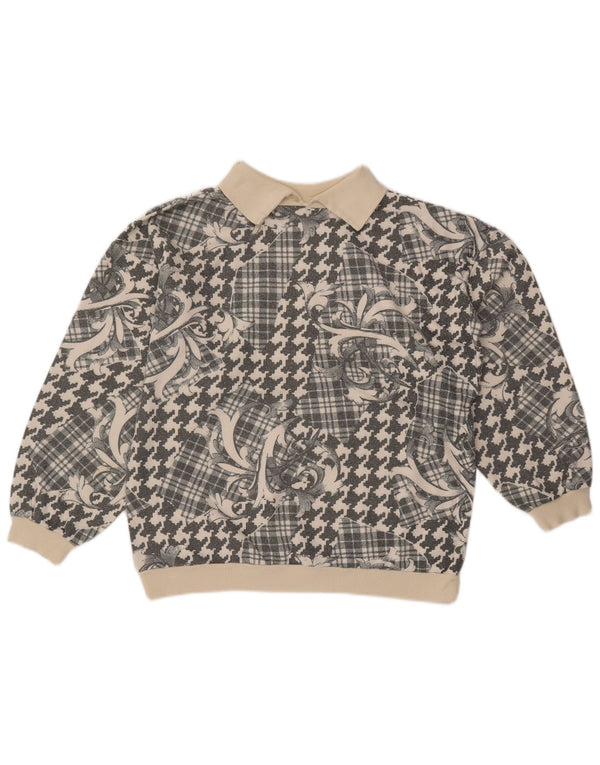 Maglione vintage da donna con collo a polo UK 18 XL Patchwork grigio