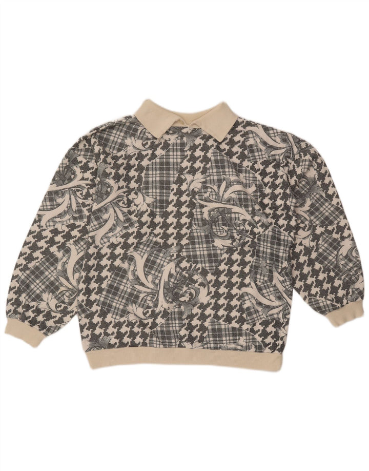 Maglione vintage da donna con collo a polo UK 18 XL Patchwork grigio