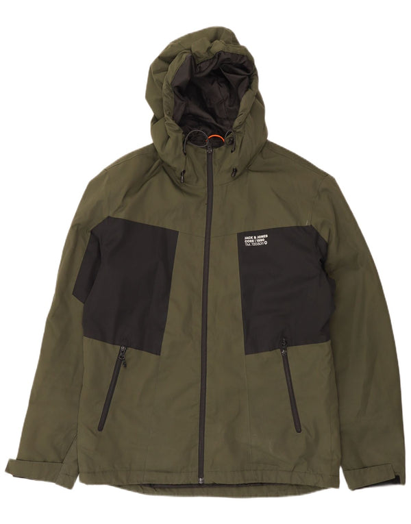 Jack & Jones Mens Hooded Windbreaker Jacket UK 40 Large Khaki Colourblock