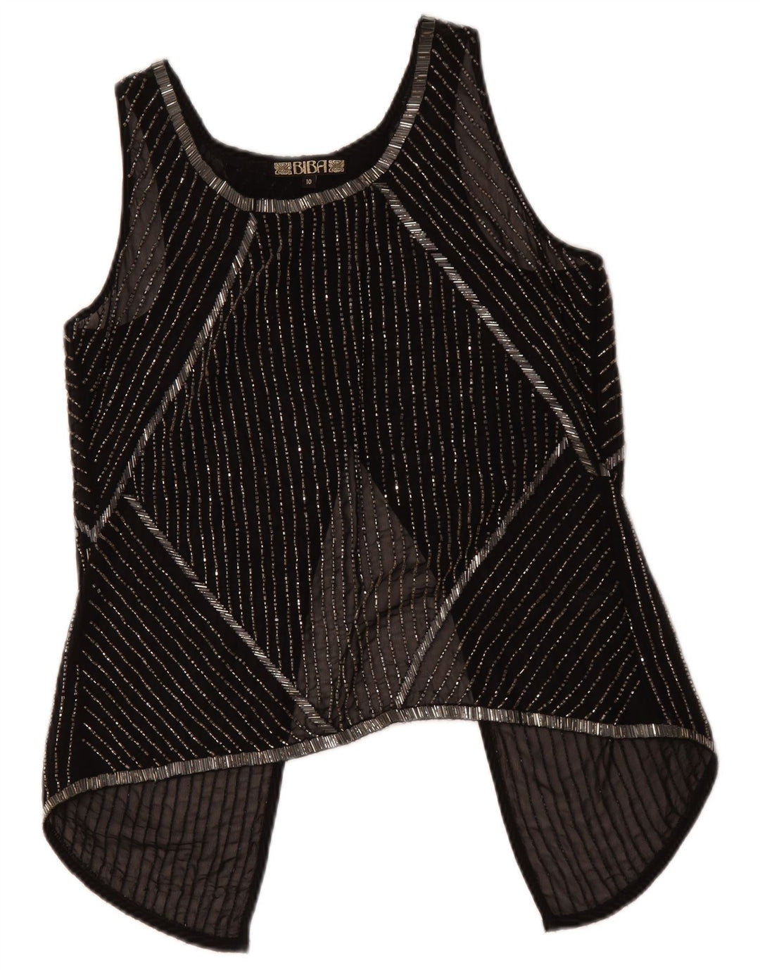 Top trasparente senza maniche da donna BIBA UK 10 piccolo poliestere a righe nere