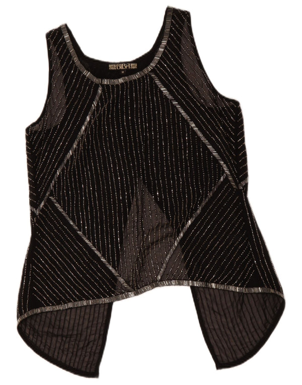 Top trasparente senza maniche da donna BIBA UK 10 piccolo poliestere a righe nere