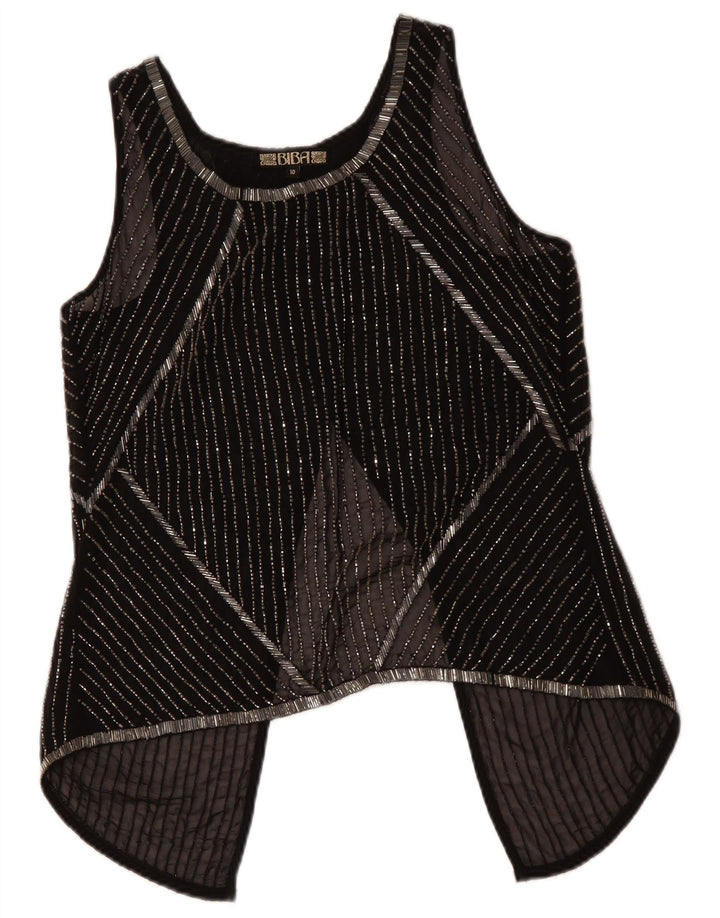 Top trasparente senza maniche da donna BIBA UK 10 piccolo poliestere a righe nere