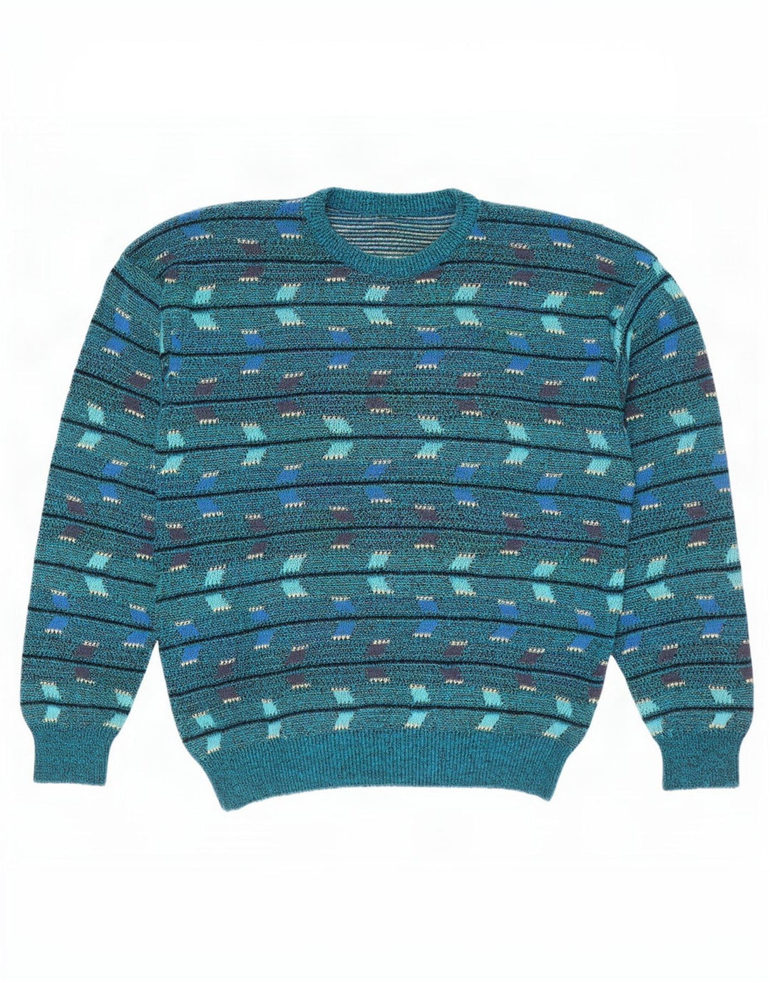 Maglione maglione girocollo da uomo vintage blu medio geometrico
