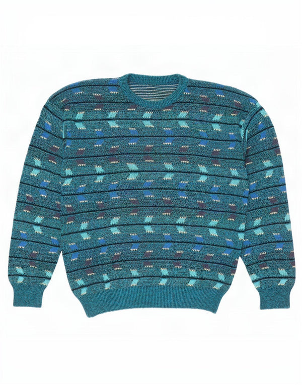 Maglione maglione girocollo da uomo vintage blu medio geometrico