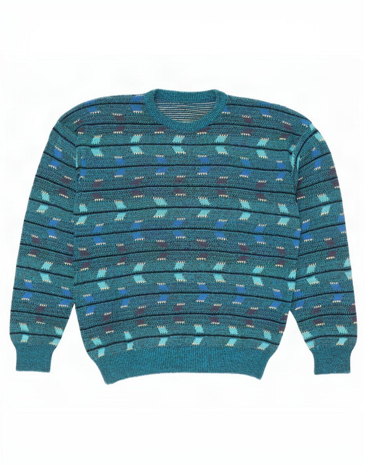 Maglione maglione girocollo da uomo vintage blu medio geometrico