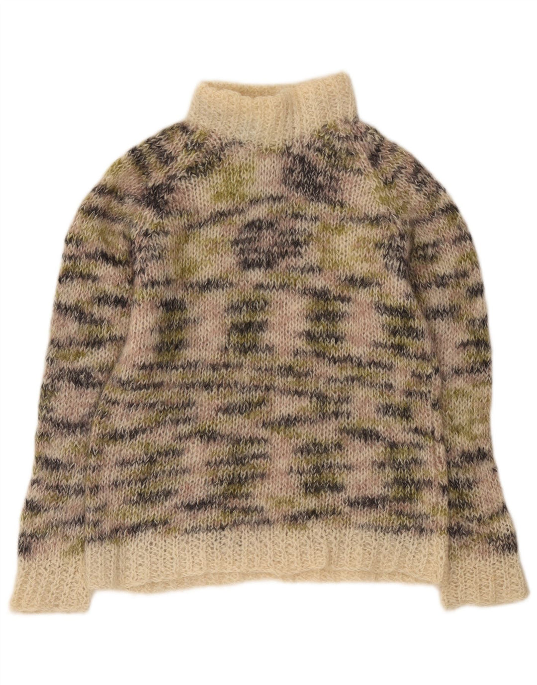 Maglione vintage da donna con collo alto e collo alto UK 12 Beige medio screziato