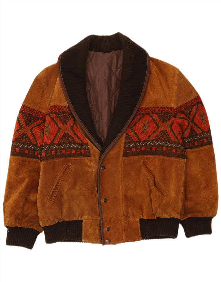 Giubbotto bomber in pelle scamosciata vintage da uomo UK 40 grande viscosa geometrica beige