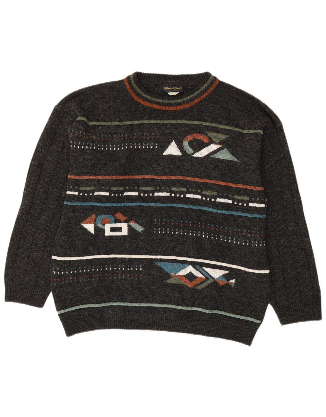 Maglione vintage da uomo girocollo IT 48/50 blu navy medio geometrico