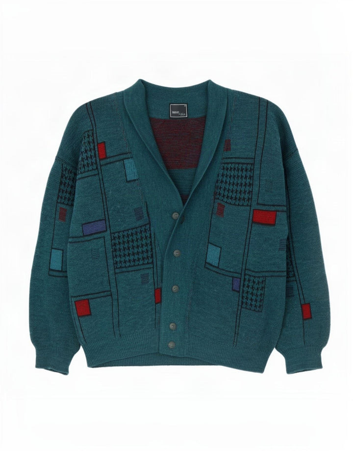 Maglione cardigan da uomo vintage XL lana geometrica verde