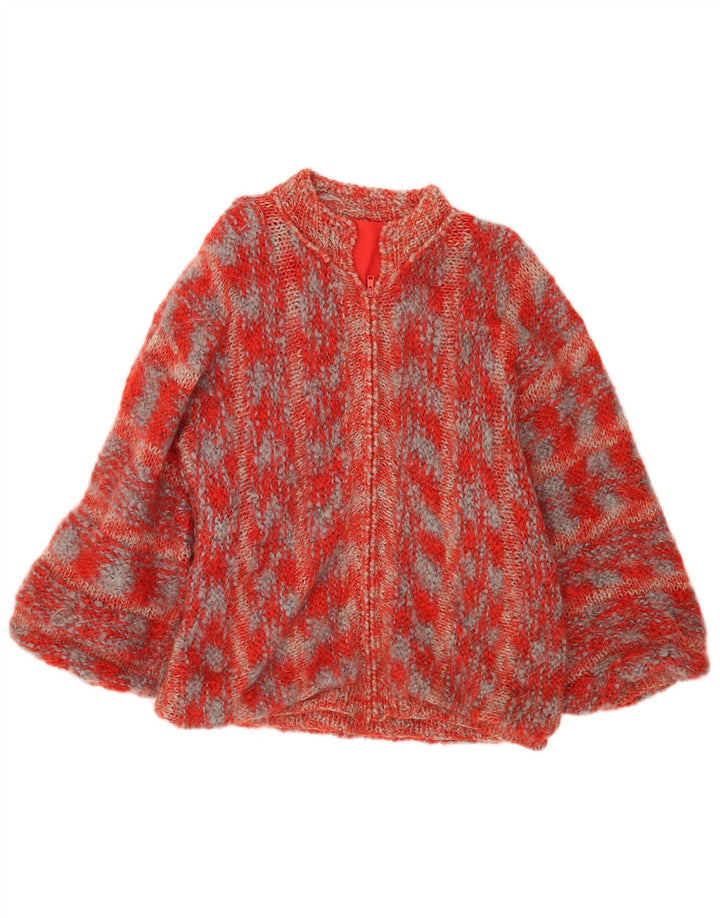 Maglione cardigan oversize da donna vintage UK 16 grande rosso chiazzato