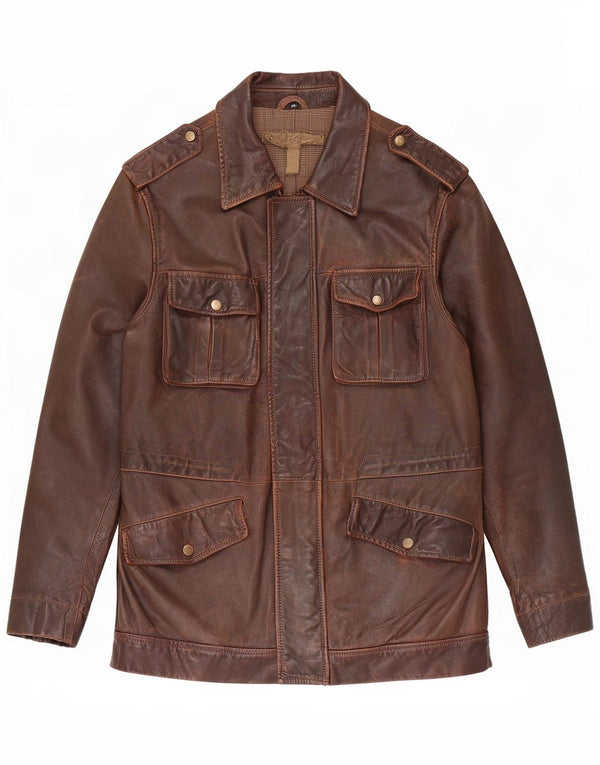 Giacca in pelle militare vintage da uomo UK 36 piccola marrone