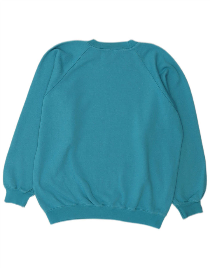 Felpa grafica da donna vintage maglione UK 14 cotone blu medio
