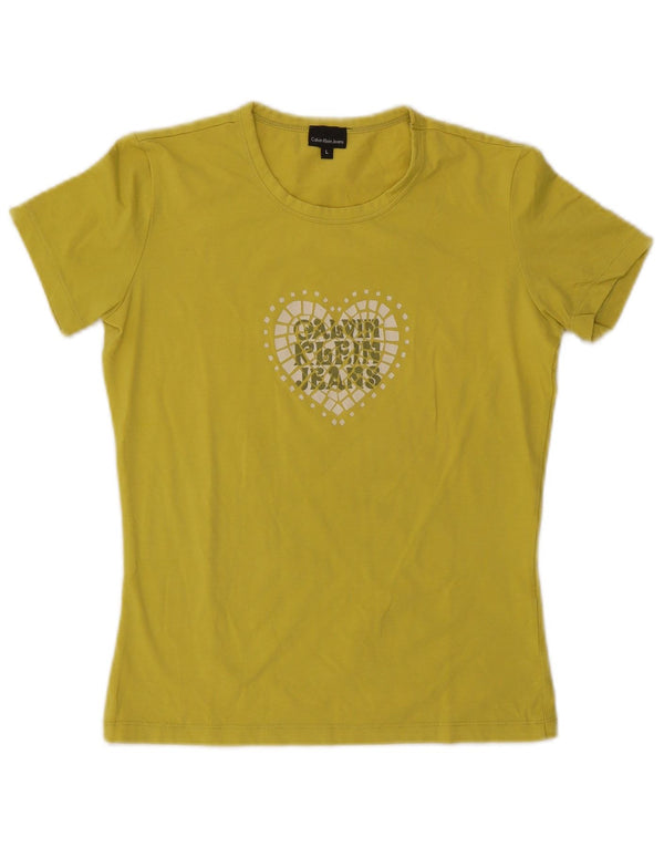 Calvin Klein Jeans Womens Graphic T-Shirt Top UK 14 Large Yellow Cotton