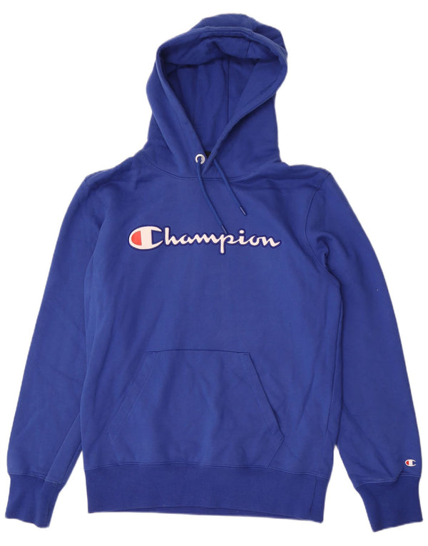 Maglione con cappuccio grafico da uomo Champion in cotone blu medio