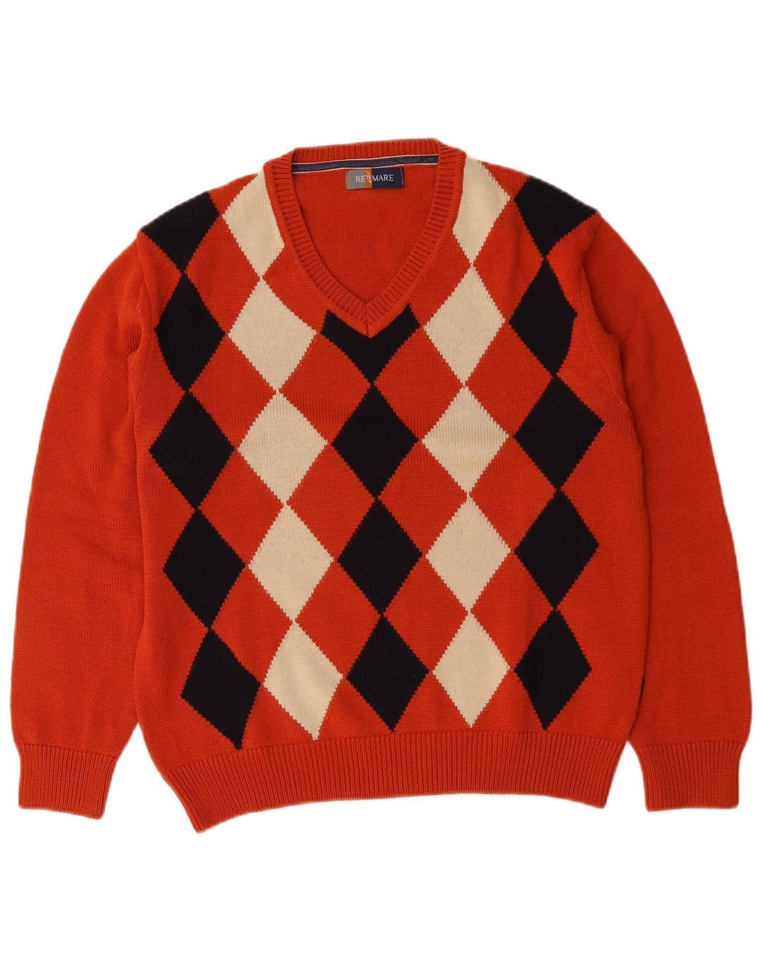 Maglione da uomo con scollo a V Re Del Mare, lana media arancione a rombi/diamante