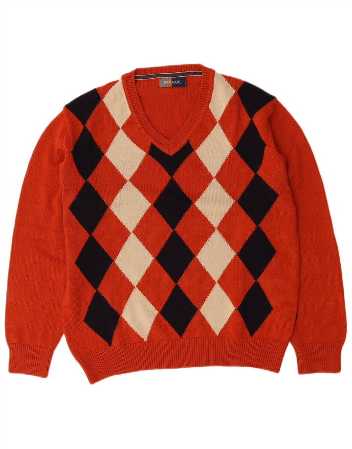 Maglione da uomo con scollo a V Re Del Mare, lana media arancione a rombi/diamante