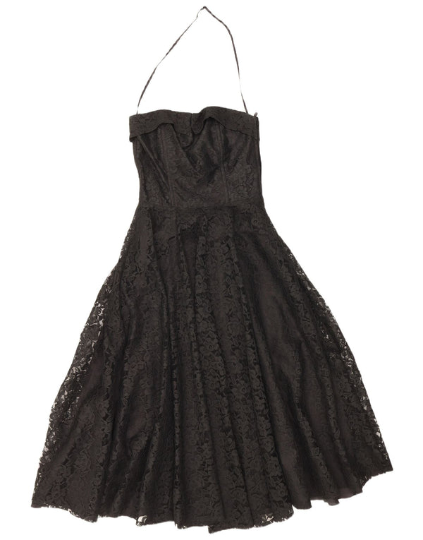 Abito vintage da donna in pizzo con scollo all'americana UK 10 Piccolo nylon floreale nero