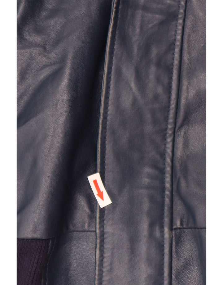 Giacca in pelle con cappuccio da donna VINTAGE UK 14 grande in pelle blu navy