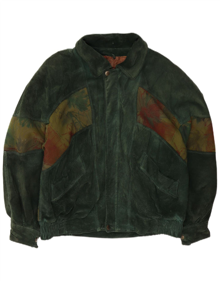 Bomber vintage da uomo in pelle scamosciata con motivo astratto IT 50 grande in pelle verde