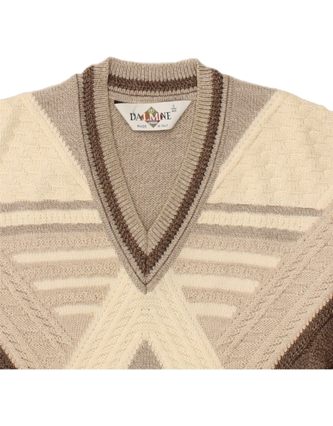 DALMINE Mens V-Neck Jumper Sweater IT 48 Small Beige Colourblock Wool Vintage DALMINE and Second-Hand DALMINE from Messina Hembry 