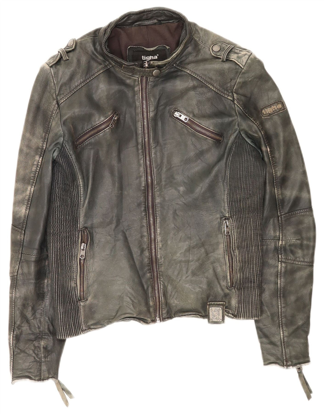 Giacca da corsa in pelle da donna Tigha UK 16 grande cachi