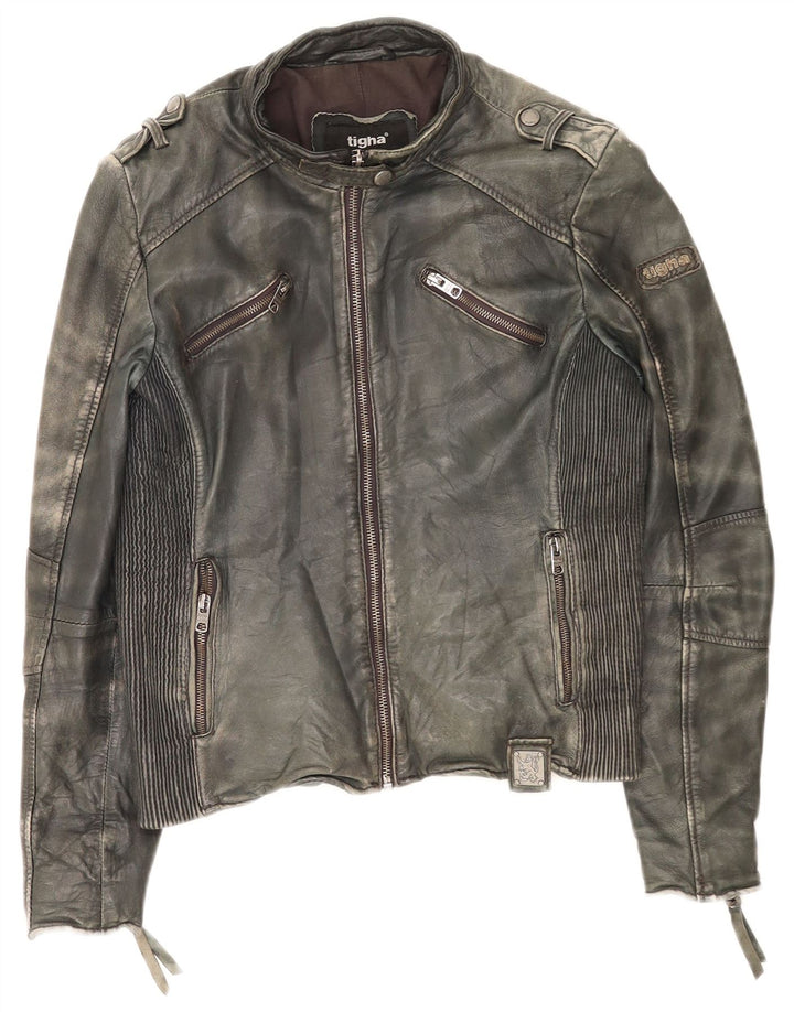 Giacca da corsa in pelle da donna Tigha UK 16 grande cachi